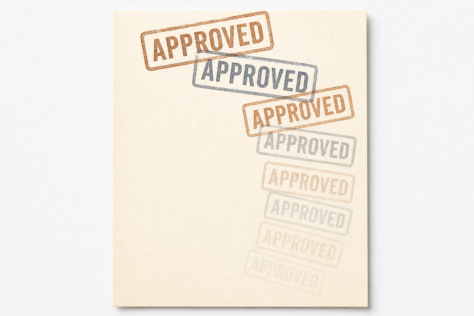 Stack of seven APPROVED stamps on a document whose content area is blank, illustrating approval without review.