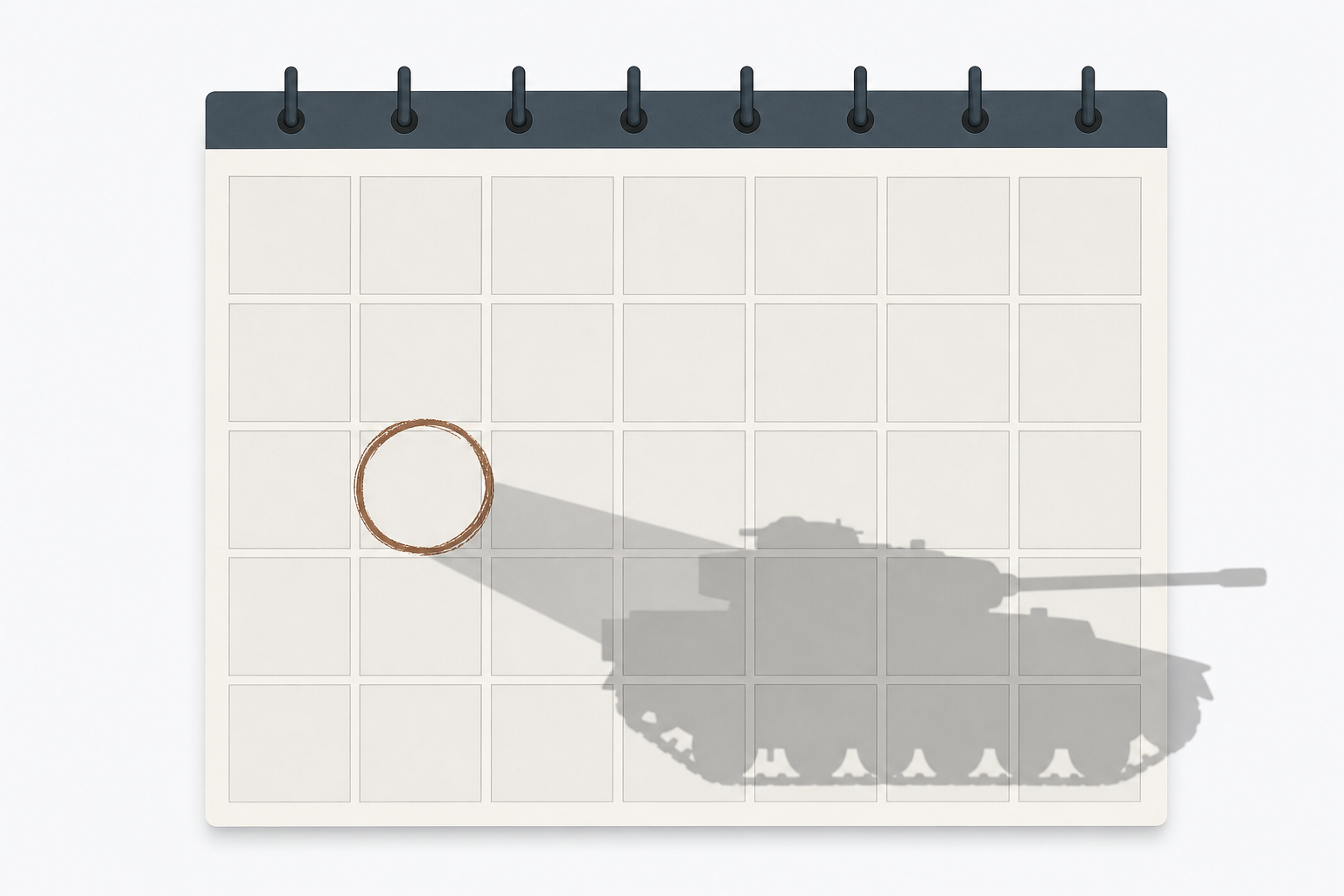 Calendar with one date circled, casting a tank-shaped shadow across the grid.