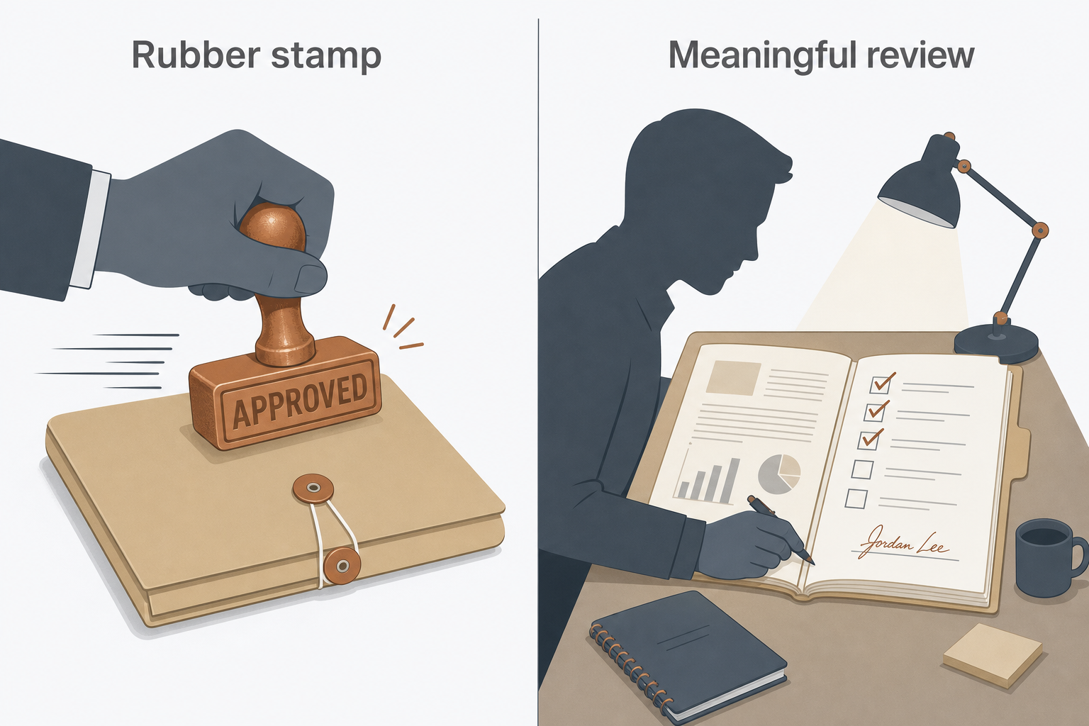 Two panels: left shows hand stamping APPROVED on closed folder, right shows person at desk with folder open, checklist half-ticked, signature line with name.