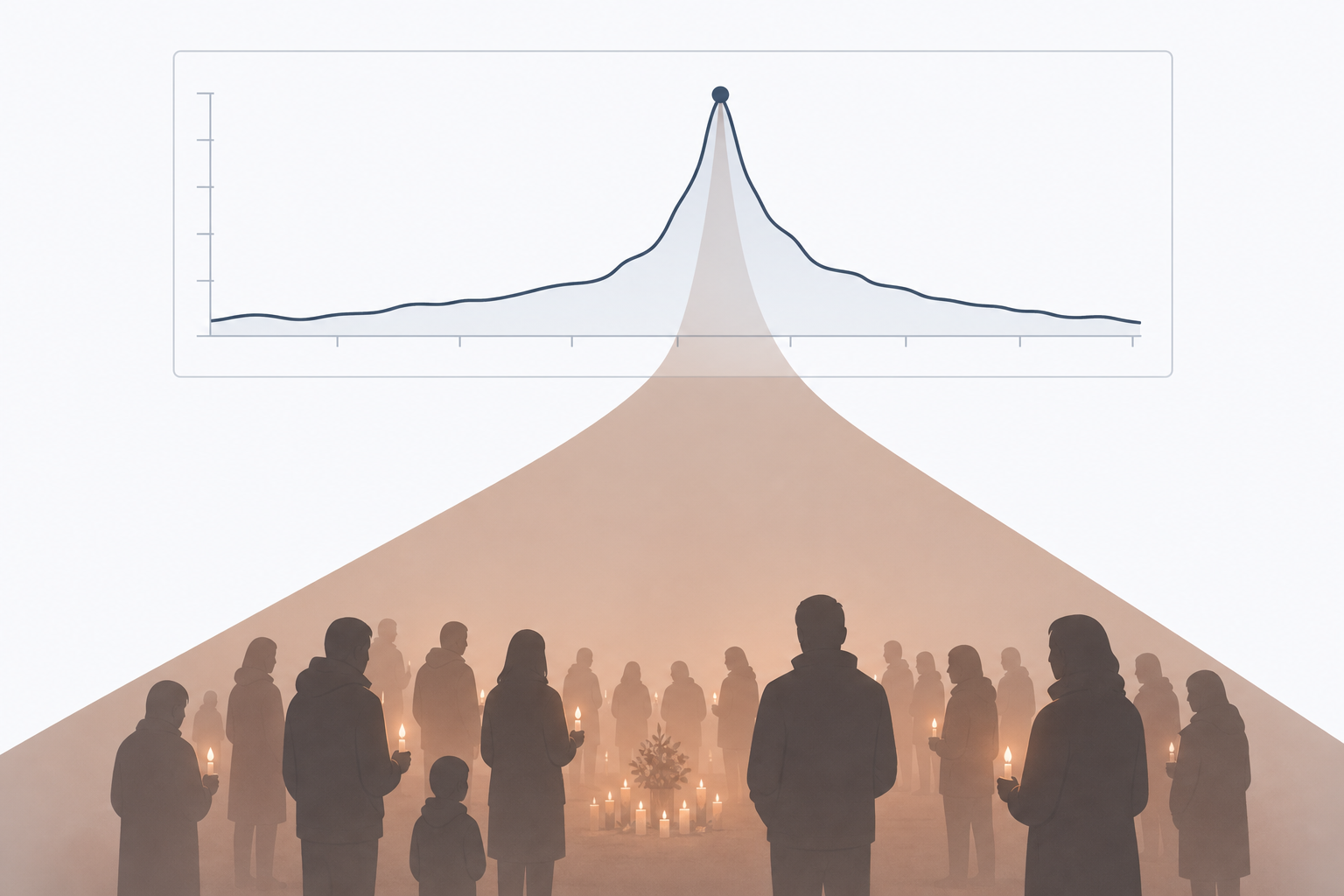 Analytics graph spiking to a peak, with the peak casting a shadow of a mourning vigil below it. The machine sees the spike; it cannot see the grief.